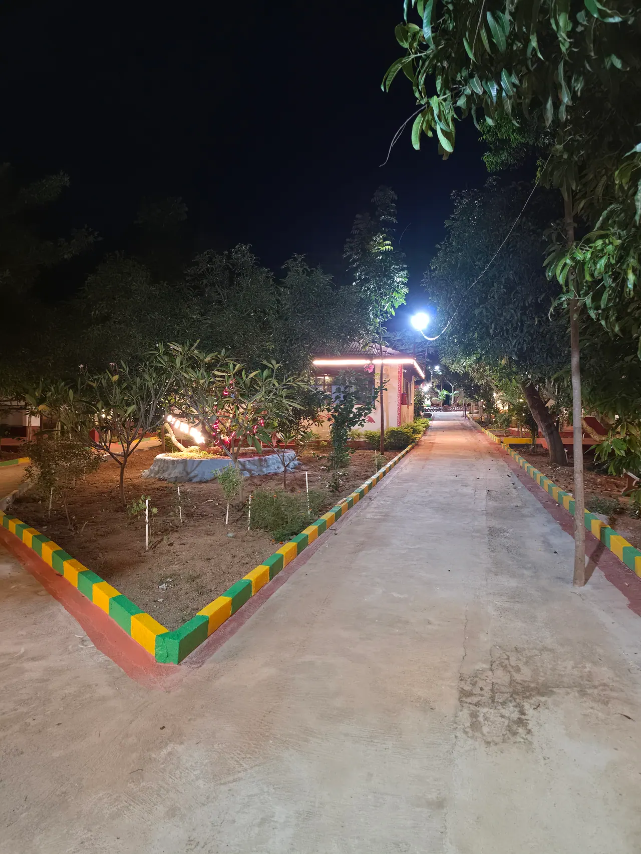 Green pathway at night